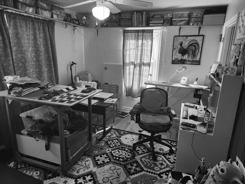 my sewing room in black and white