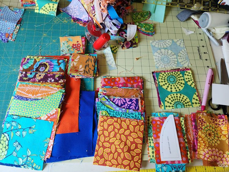 cutting bright colored fabrics