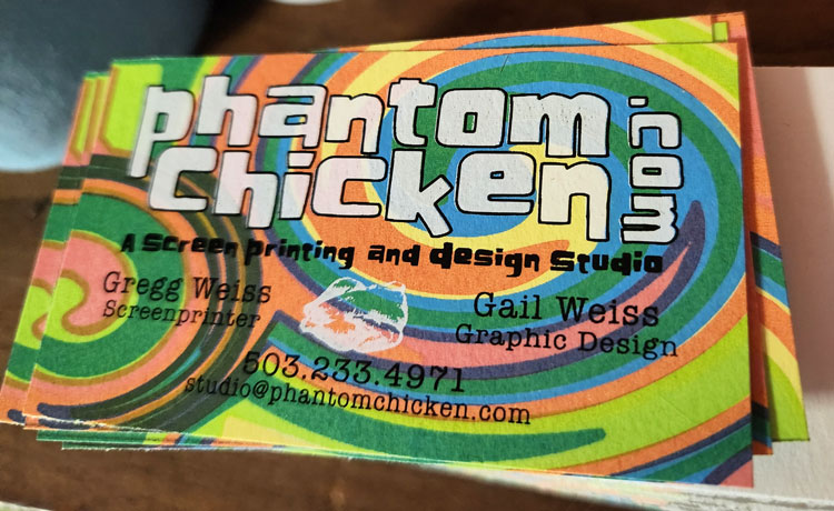 Finished hand printed and cut business cards for phantom chicken.